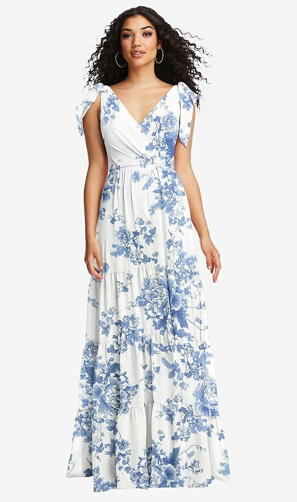 Front View - Cottage Rose Dusk Blue Bow-Shoulder Faux Wrap Maxi Dress with Tiered Skirt