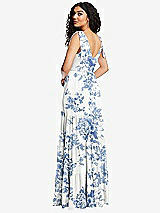 Rear View Thumbnail - Cottage Rose Dusk Blue Bow-Shoulder Faux Wrap Maxi Dress with Tiered Skirt
