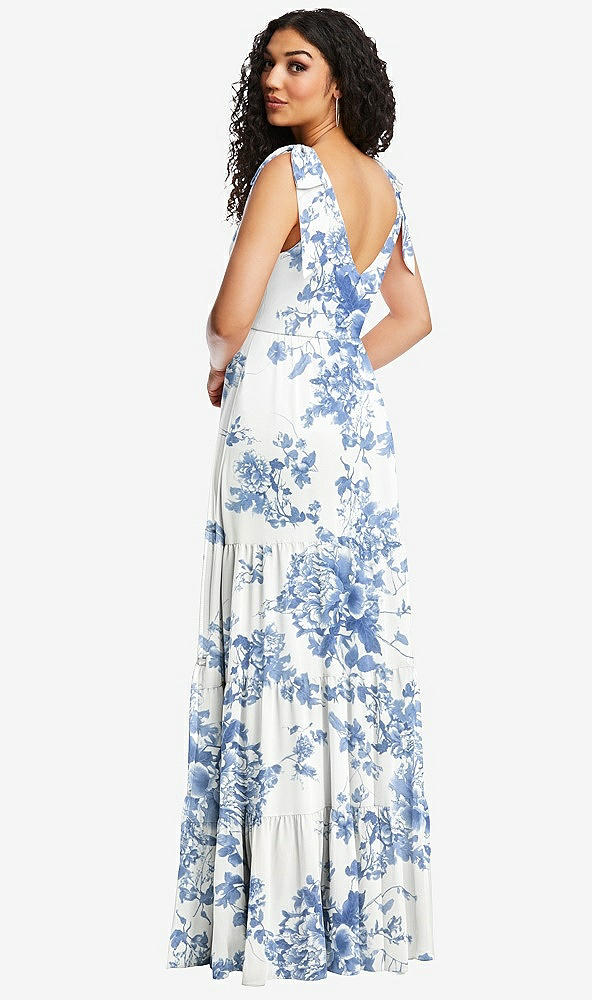 Back View - Cottage Rose Dusk Blue Bow-Shoulder Faux Wrap Maxi Dress with Tiered Skirt