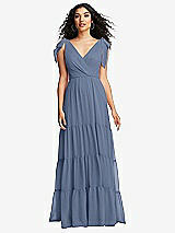 Front View Thumbnail - Larkspur Blue Bow-Shoulder Faux Wrap Maxi Dress with Tiered Skirt