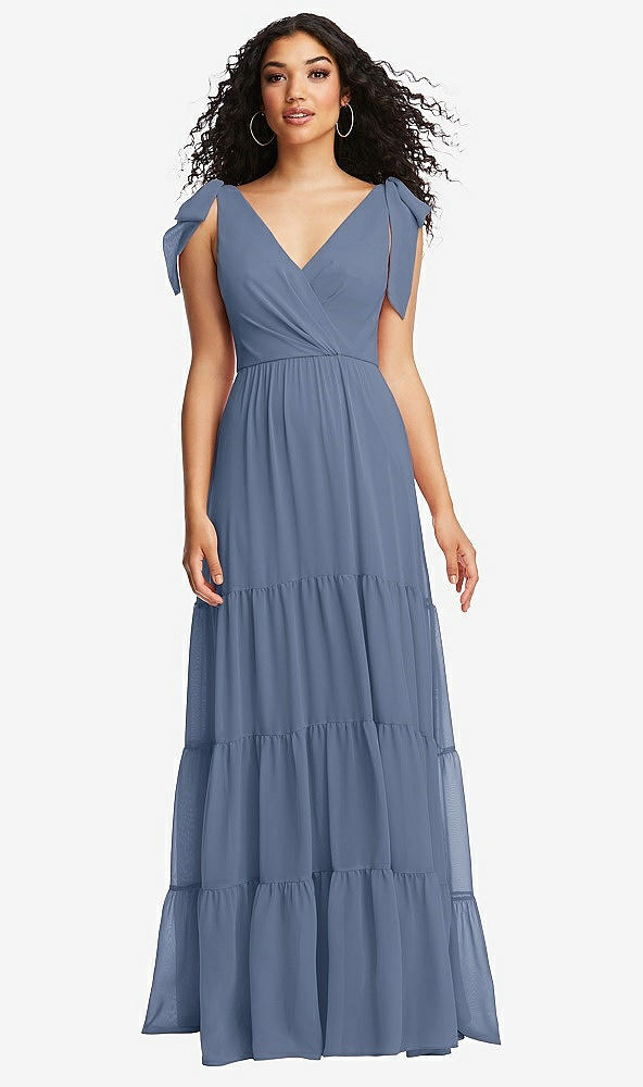 Front View - Larkspur Blue Bow-Shoulder Faux Wrap Maxi Dress with Tiered Skirt