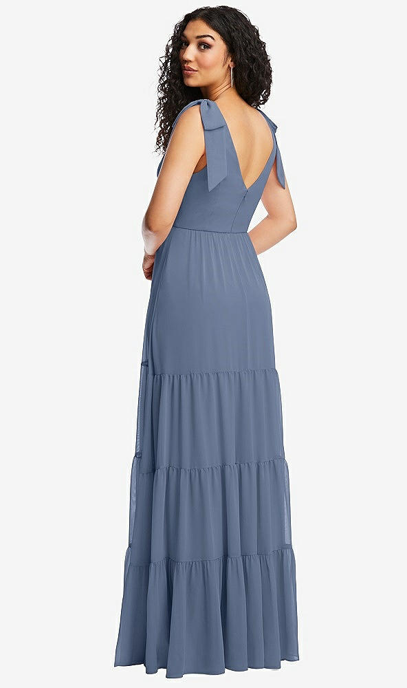 Back View - Larkspur Blue Bow-Shoulder Faux Wrap Maxi Dress with Tiered Skirt