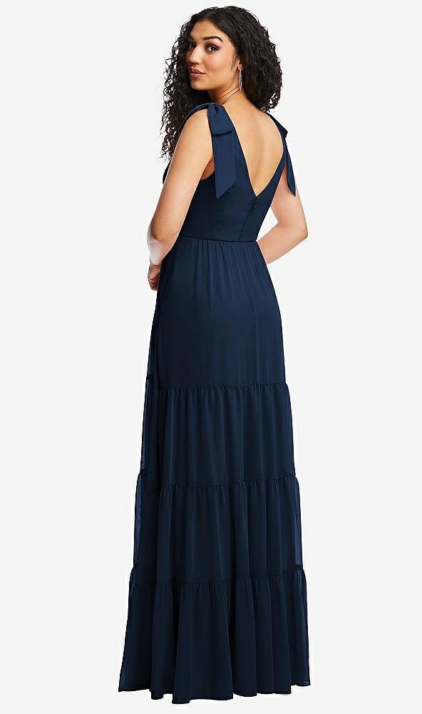 Back View - Midnight Navy Bow-Shoulder Faux Wrap Maxi Dress with Tiered Skirt