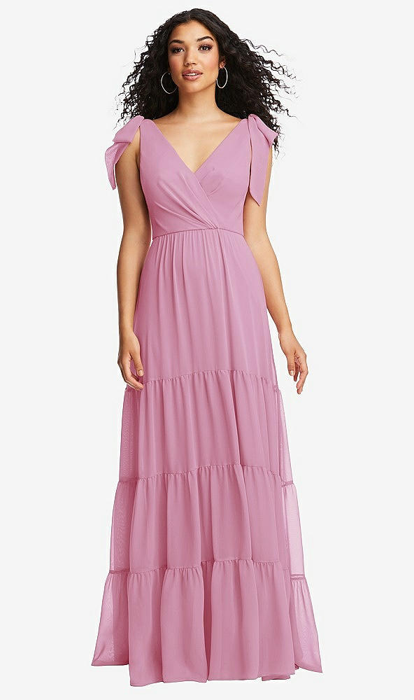 Front View - Powder Pink Bow-Shoulder Faux Wrap Maxi Dress with Tiered Skirt