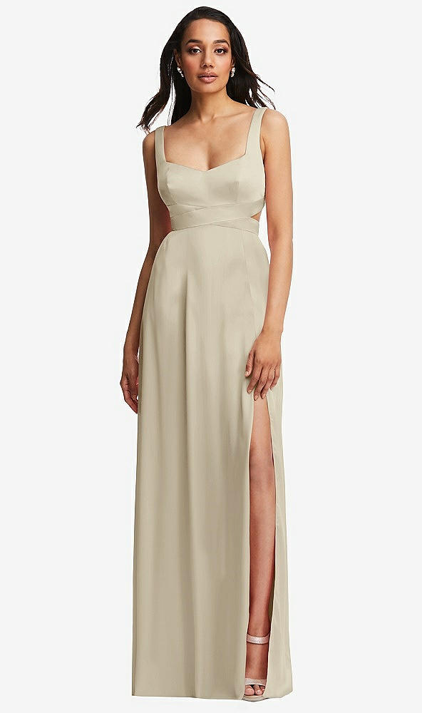 Front View - Champagne Open Neck Cross Bodice Cutout  Maxi Dress with Front Slit