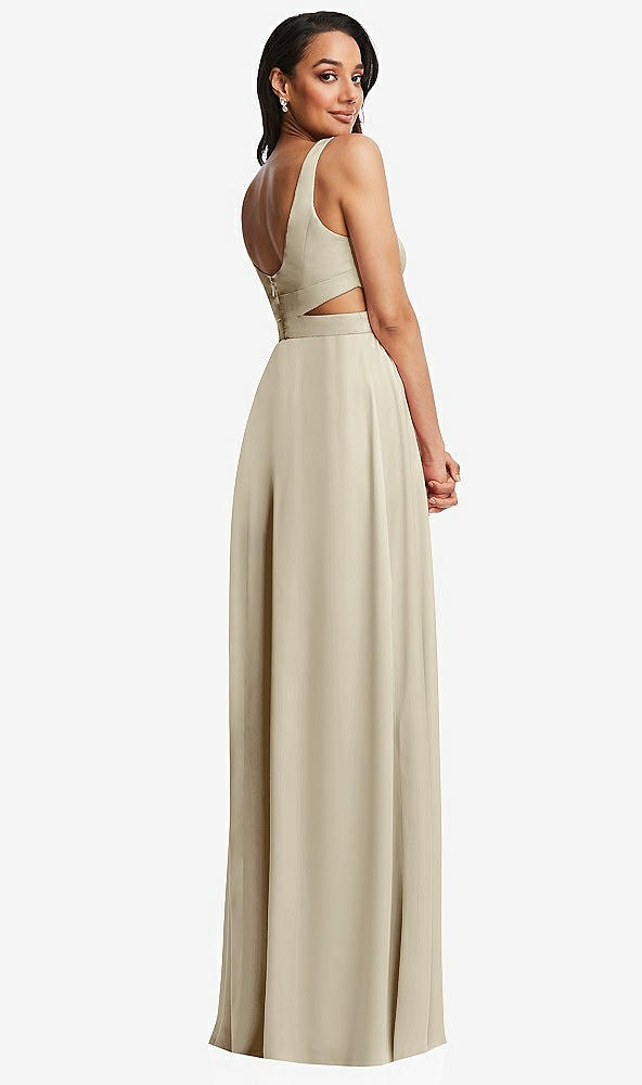 Back View - Champagne Open Neck Cross Bodice Cutout  Maxi Dress with Front Slit