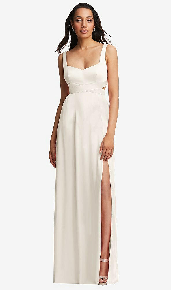 Front View - Ivory Open Neck Cross Bodice Cutout  Maxi Dress with Front Slit