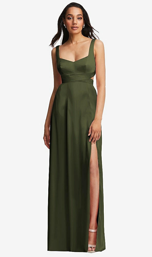 Front View - Olive Green Open Neck Cross Bodice Cutout  Maxi Dress with Front Slit