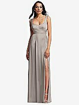 Front View Thumbnail - Taupe Open Neck Cross Bodice Cutout  Maxi Dress with Front Slit