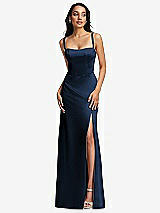 Front View Thumbnail - Midnight Navy Lace Up Tie-Back Corset Maxi Dress with Front Slit