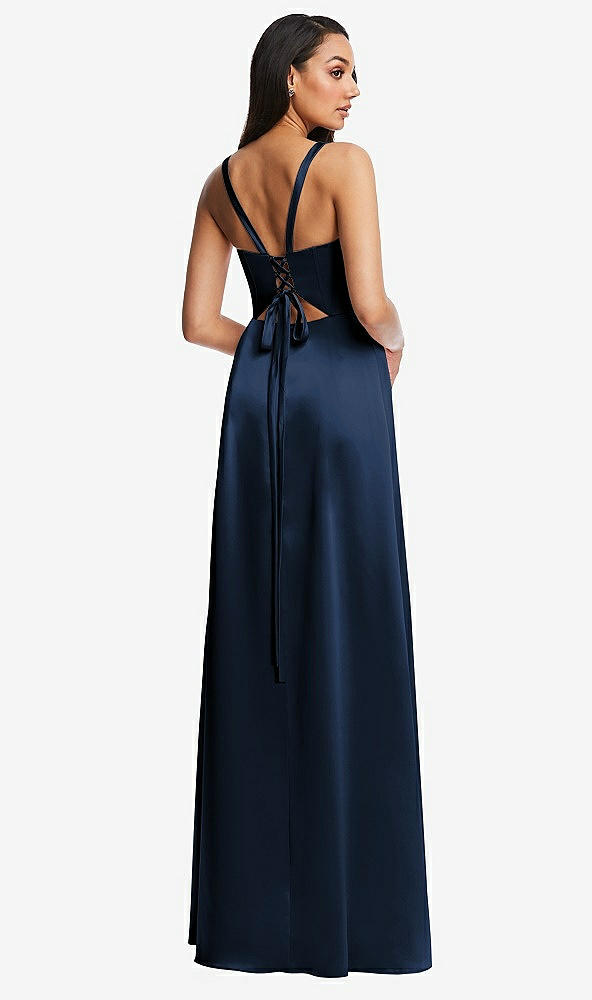 Back View - Midnight Navy Lace Up Tie-Back Corset Maxi Dress with Front Slit