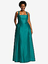 Alt View 1 Thumbnail - Jade Boned Corset Closed-Back Satin Gown with Full Skirt and Pockets