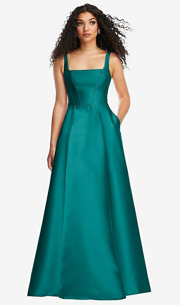 Front View - Jade Boned Corset Closed-Back Satin Gown with Full Skirt and Pockets