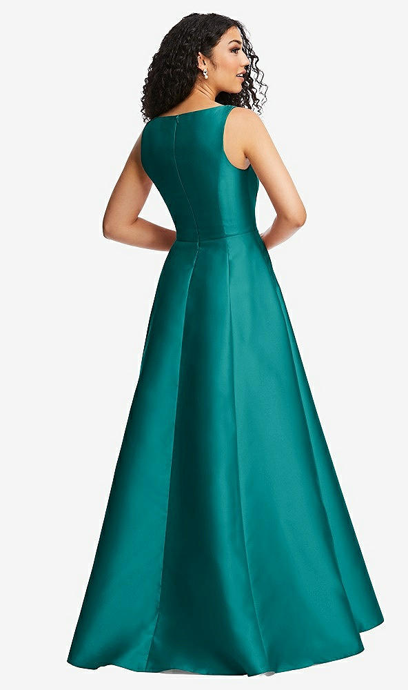 Back View - Jade Boned Corset Closed-Back Satin Gown with Full Skirt and Pockets