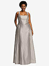Alt View 1 Thumbnail - Taupe Boned Corset Closed-Back Satin Gown with Full Skirt and Pockets