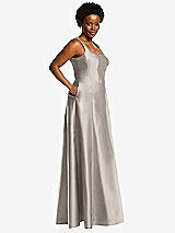 Alt View 2 Thumbnail - Taupe Boned Corset Closed-Back Satin Gown with Full Skirt and Pockets