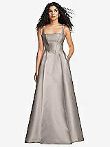 Front View Thumbnail - Taupe Boned Corset Closed-Back Satin Gown with Full Skirt and Pockets