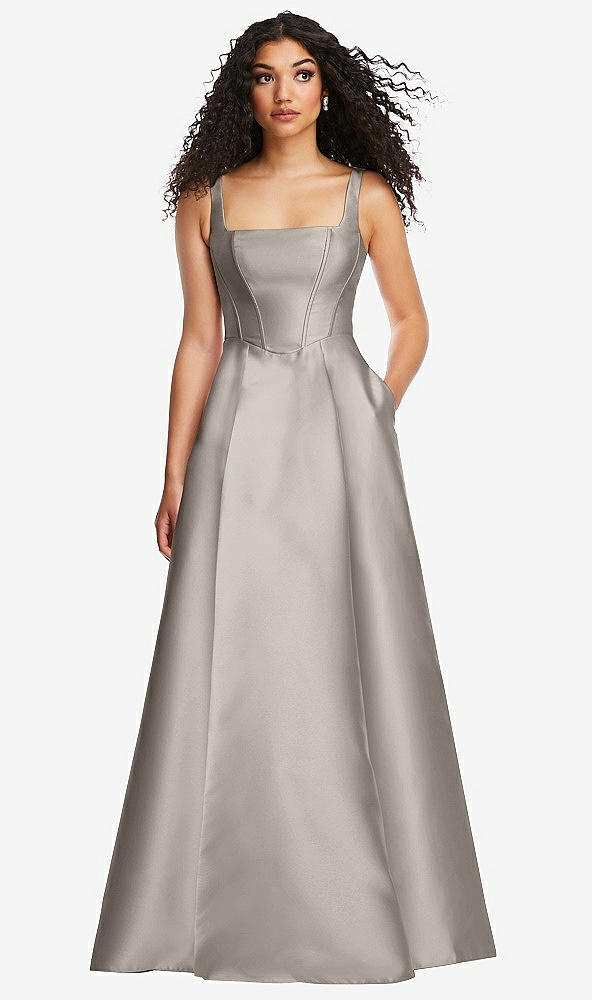 Front View - Taupe Boned Corset Closed-Back Satin Gown with Full Skirt and Pockets