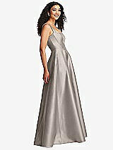 Side View Thumbnail - Taupe Boned Corset Closed-Back Satin Gown with Full Skirt and Pockets
