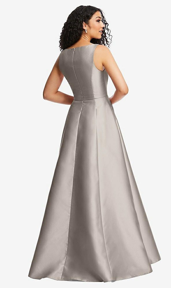 Back View - Taupe Boned Corset Closed-Back Satin Gown with Full Skirt and Pockets