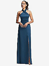 Front View Thumbnail - Dusk Blue Shawl Collar Open-Back Halter Maxi Dress with Pockets