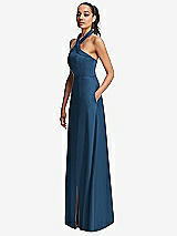 Side View Thumbnail - Dusk Blue Shawl Collar Open-Back Halter Maxi Dress with Pockets