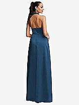 Rear View Thumbnail - Dusk Blue Shawl Collar Open-Back Halter Maxi Dress with Pockets
