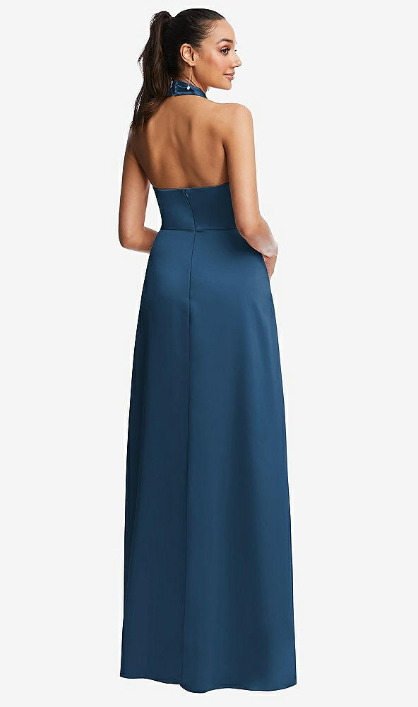 Back View - Dusk Blue Shawl Collar Open-Back Halter Maxi Dress with Pockets