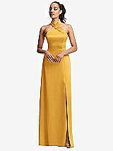 Front View Thumbnail - NYC Yellow Shawl Collar Open-Back Halter Maxi Dress with Pockets