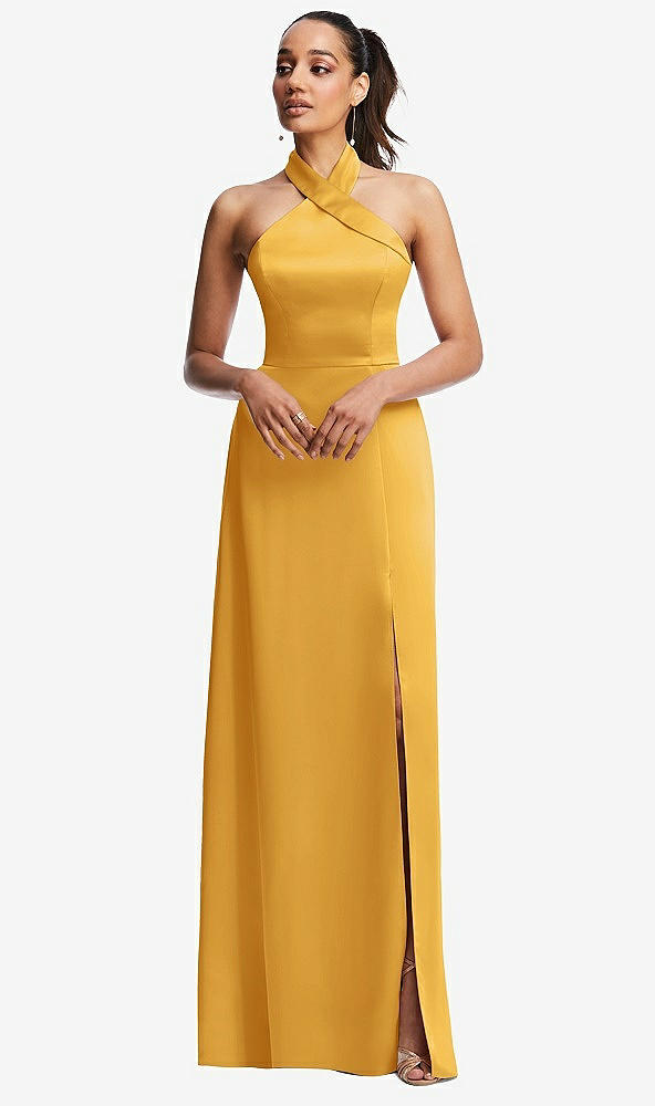 Front View - NYC Yellow Shawl Collar Open-Back Halter Maxi Dress with Pockets