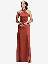 Front View Thumbnail - Amber Sunset Shawl Collar Open-Back Halter Maxi Dress with Pockets