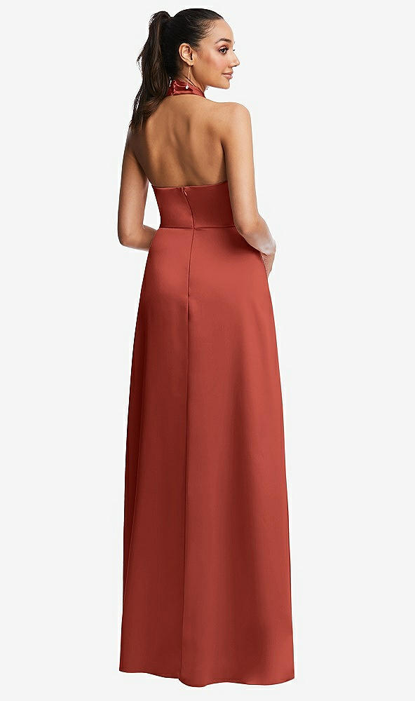 Back View - Amber Sunset Shawl Collar Open-Back Halter Maxi Dress with Pockets