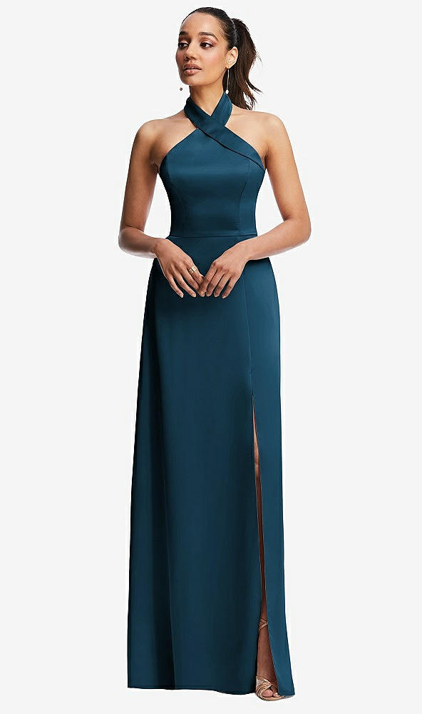 Front View - Atlantic Blue Shawl Collar Open-Back Halter Maxi Dress with Pockets