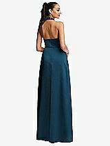 Rear View Thumbnail - Atlantic Blue Shawl Collar Open-Back Halter Maxi Dress with Pockets