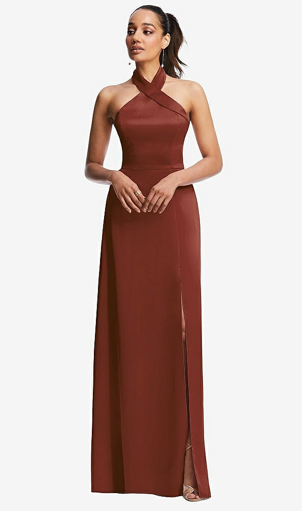 Front View - Auburn Moon Shawl Collar Open-Back Halter Maxi Dress with Pockets