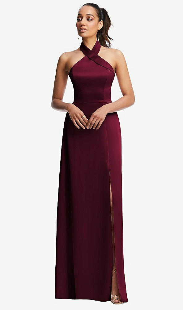 Front View - Cabernet Shawl Collar Open-Back Halter Maxi Dress with Pockets