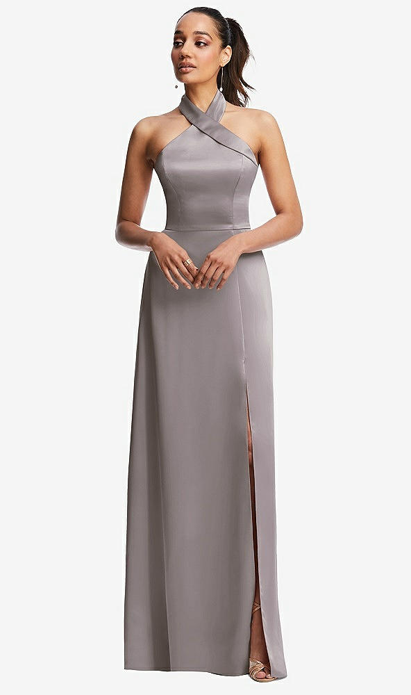 Front View - Cashmere Gray Shawl Collar Open-Back Halter Maxi Dress with Pockets