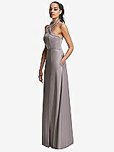 Side View Thumbnail - Cashmere Gray Shawl Collar Open-Back Halter Maxi Dress with Pockets