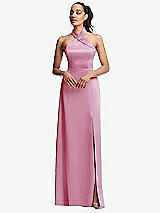 Front View Thumbnail - Powder Pink Shawl Collar Open-Back Halter Maxi Dress with Pockets