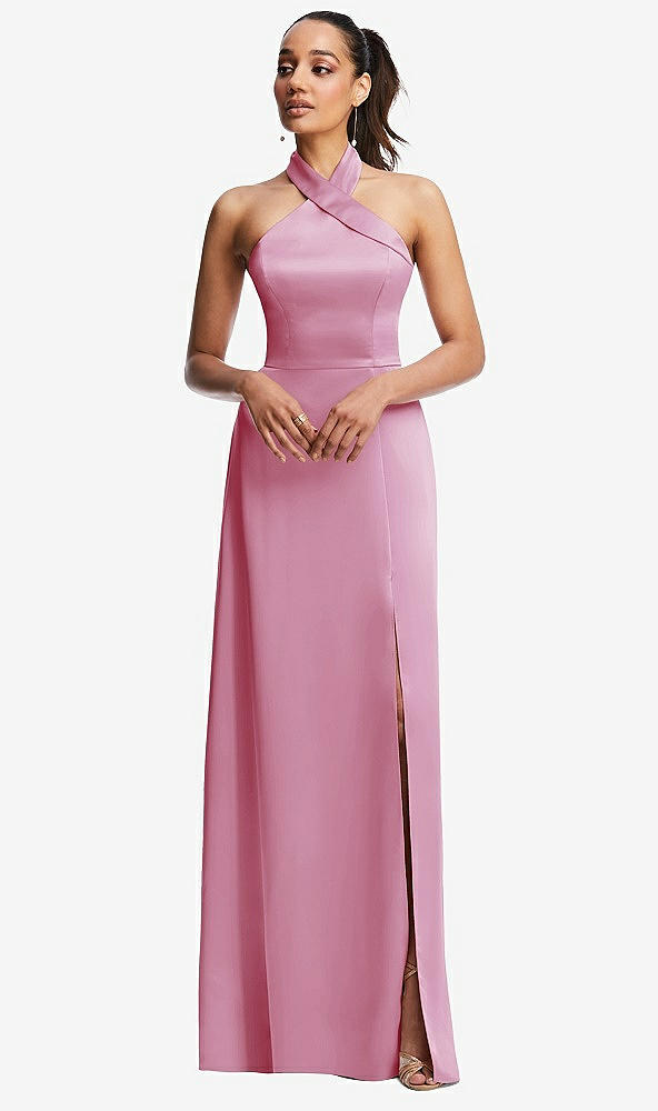 Front View - Powder Pink Shawl Collar Open-Back Halter Maxi Dress with Pockets