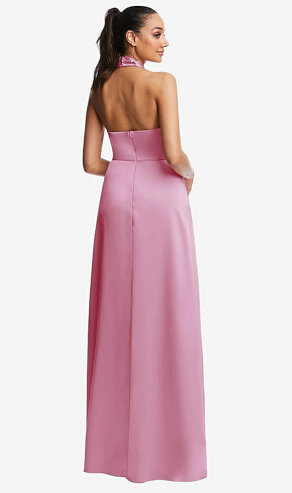 Back View - Powder Pink Shawl Collar Open-Back Halter Maxi Dress with Pockets