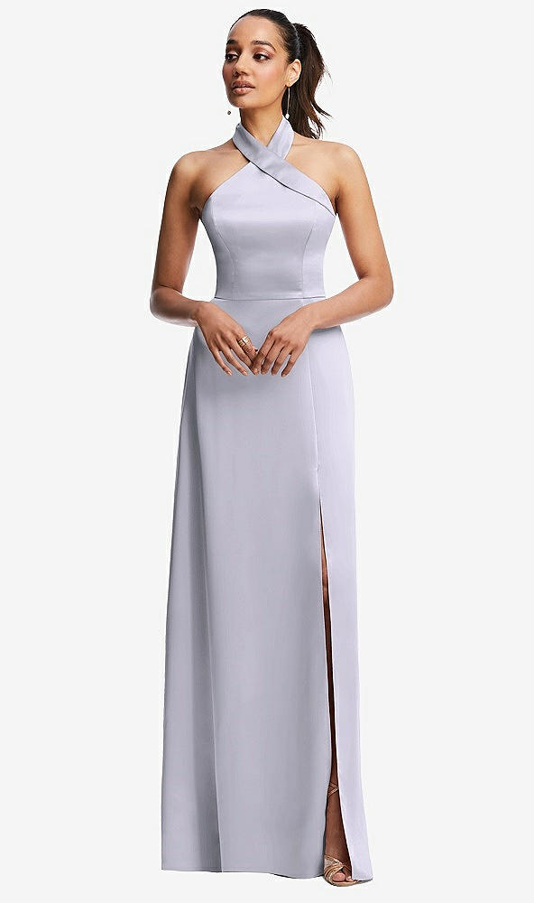 Front View - Silver Dove Shawl Collar Open-Back Halter Maxi Dress with Pockets