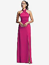 Front View Thumbnail - Think Pink Shawl Collar Open-Back Halter Maxi Dress with Pockets