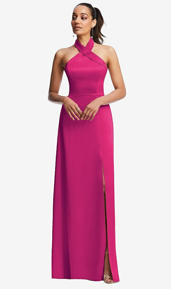 Front View - Think Pink Shawl Collar Open-Back Halter Maxi Dress with Pockets