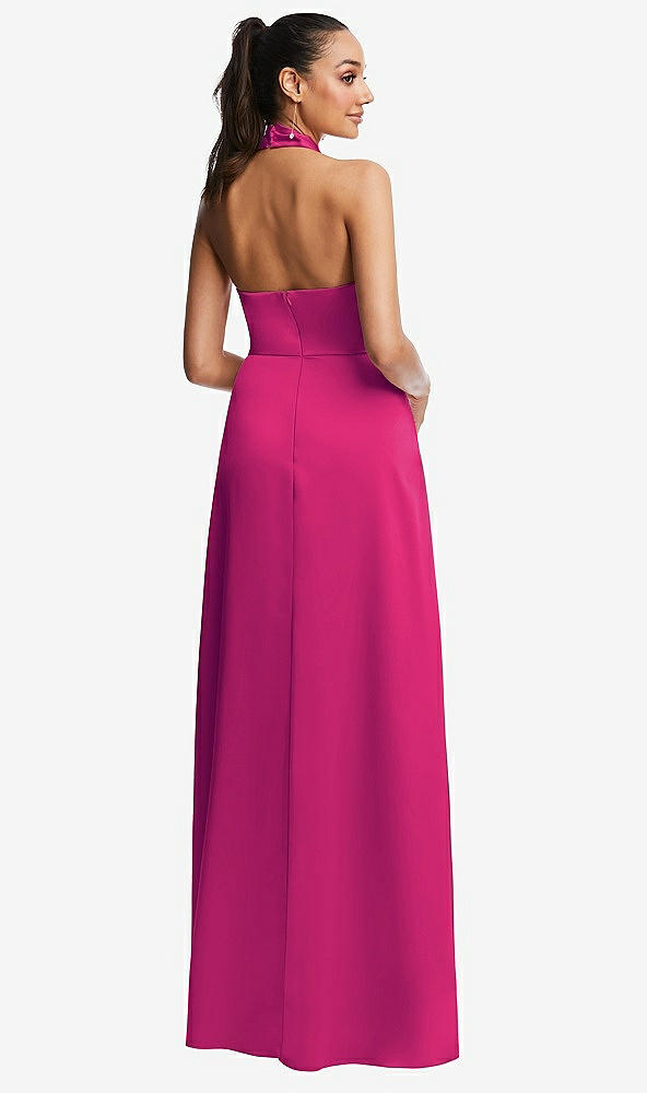 Back View - Think Pink Shawl Collar Open-Back Halter Maxi Dress with Pockets