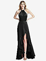 Alt View 1 Thumbnail - Black Tie-Neck Halter Maxi Dress with Asymmetric Cascade Ruffle Skirt