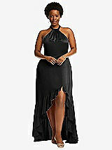 Alt View 4 Thumbnail - Black Tie-Neck Halter Maxi Dress with Asymmetric Cascade Ruffle Skirt