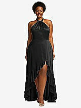 Front View Thumbnail - Black Tie-Neck Halter Maxi Dress with Asymmetric Cascade Ruffle Skirt