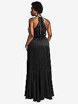 Rear View Thumbnail - Black Tie-Neck Halter Maxi Dress with Asymmetric Cascade Ruffle Skirt