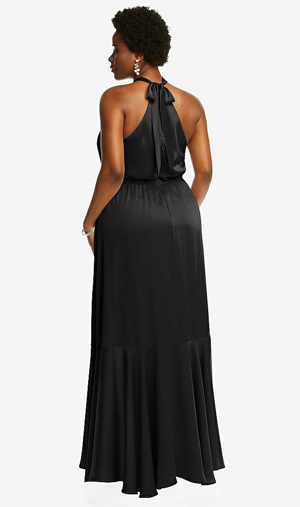 Back View - Black Tie-Neck Halter Maxi Dress with Asymmetric Cascade Ruffle Skirt